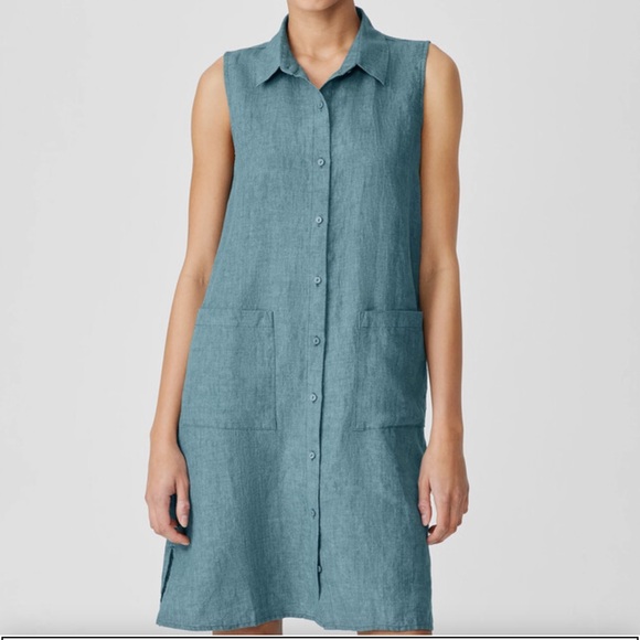 EILEEN FISHER Sleeveless Button Front Shirtdress Washed Organic Linen Blue SZ PL